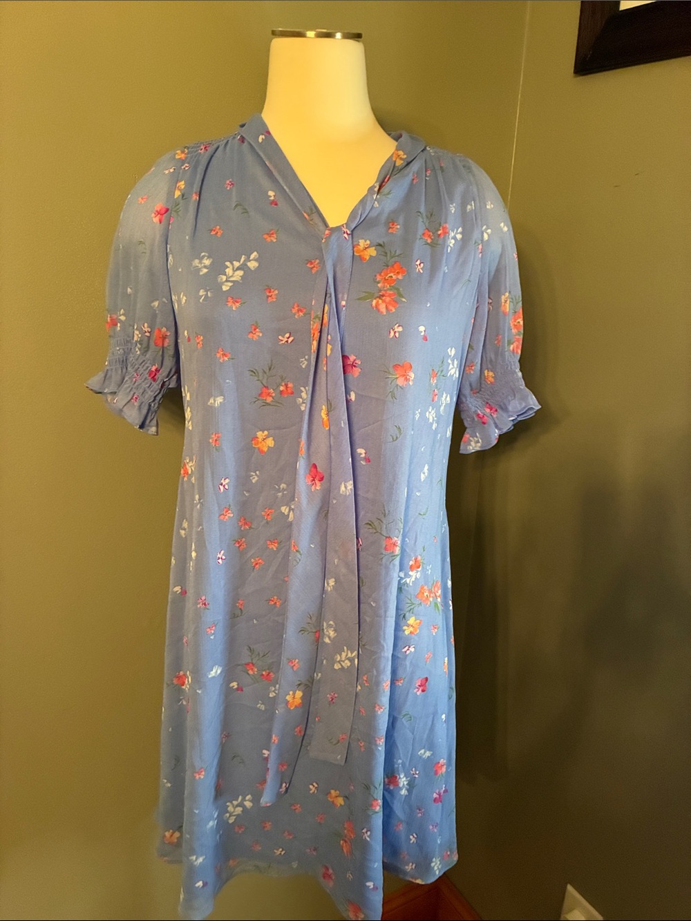 DKNY Light Blue Floral Tie-Neck Dress